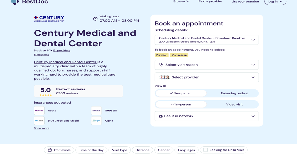 BestDoc appointment booking page with provider search and scheduling details