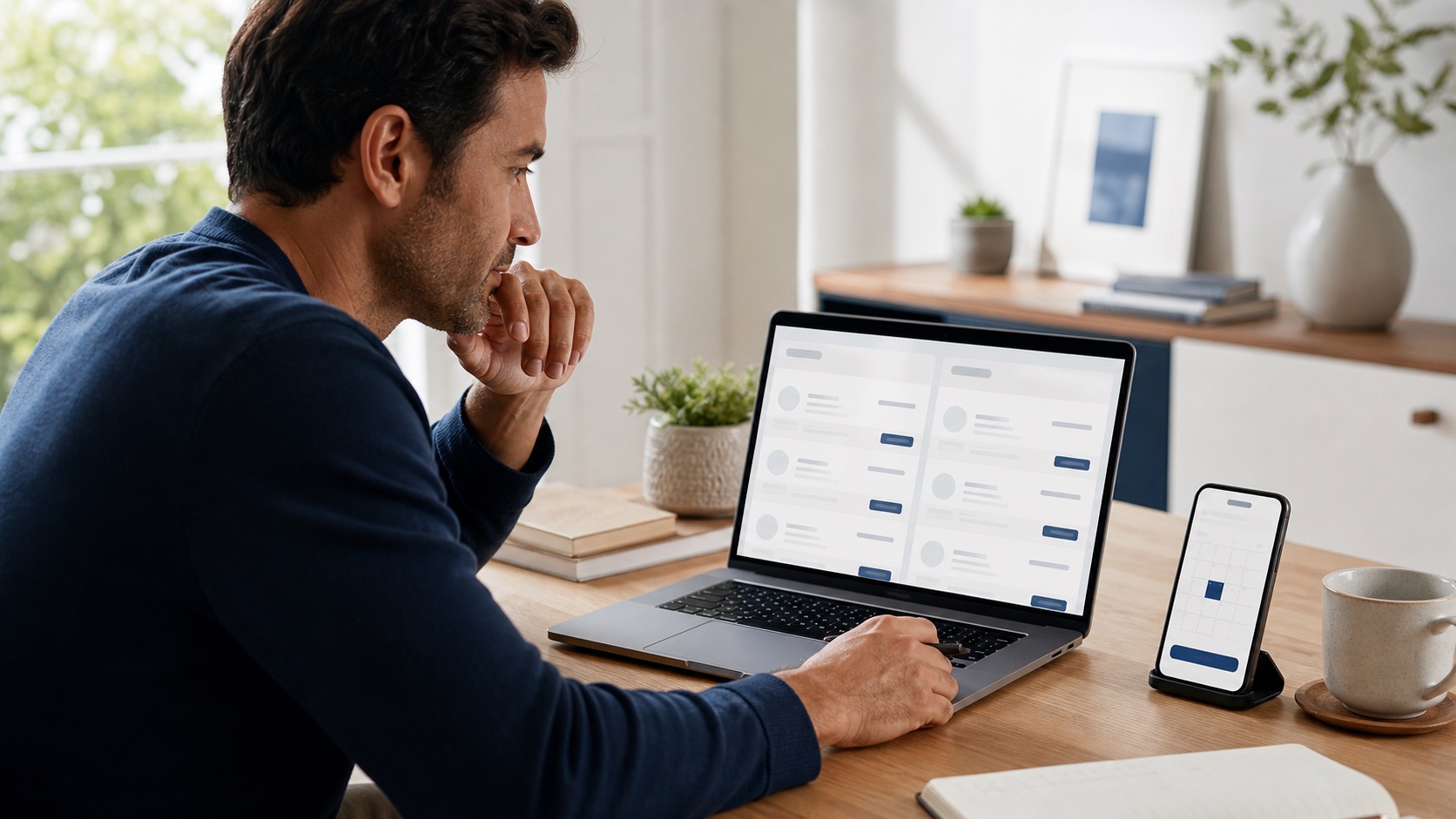 Patient comparing doctor profiles and appointment availability online at home.