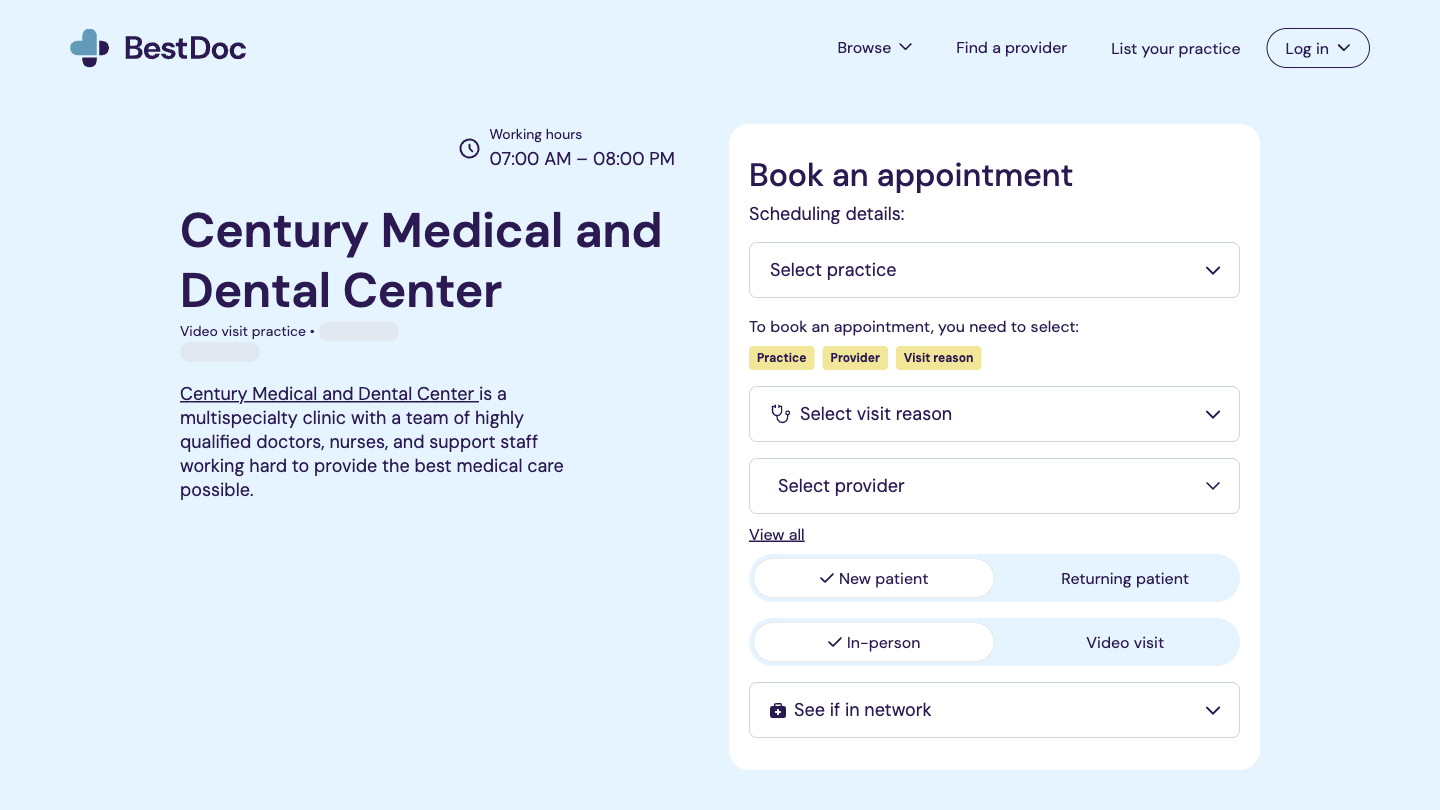 BestDoc appointment booking interface with provider, visit reason, visit type, and insurance options.