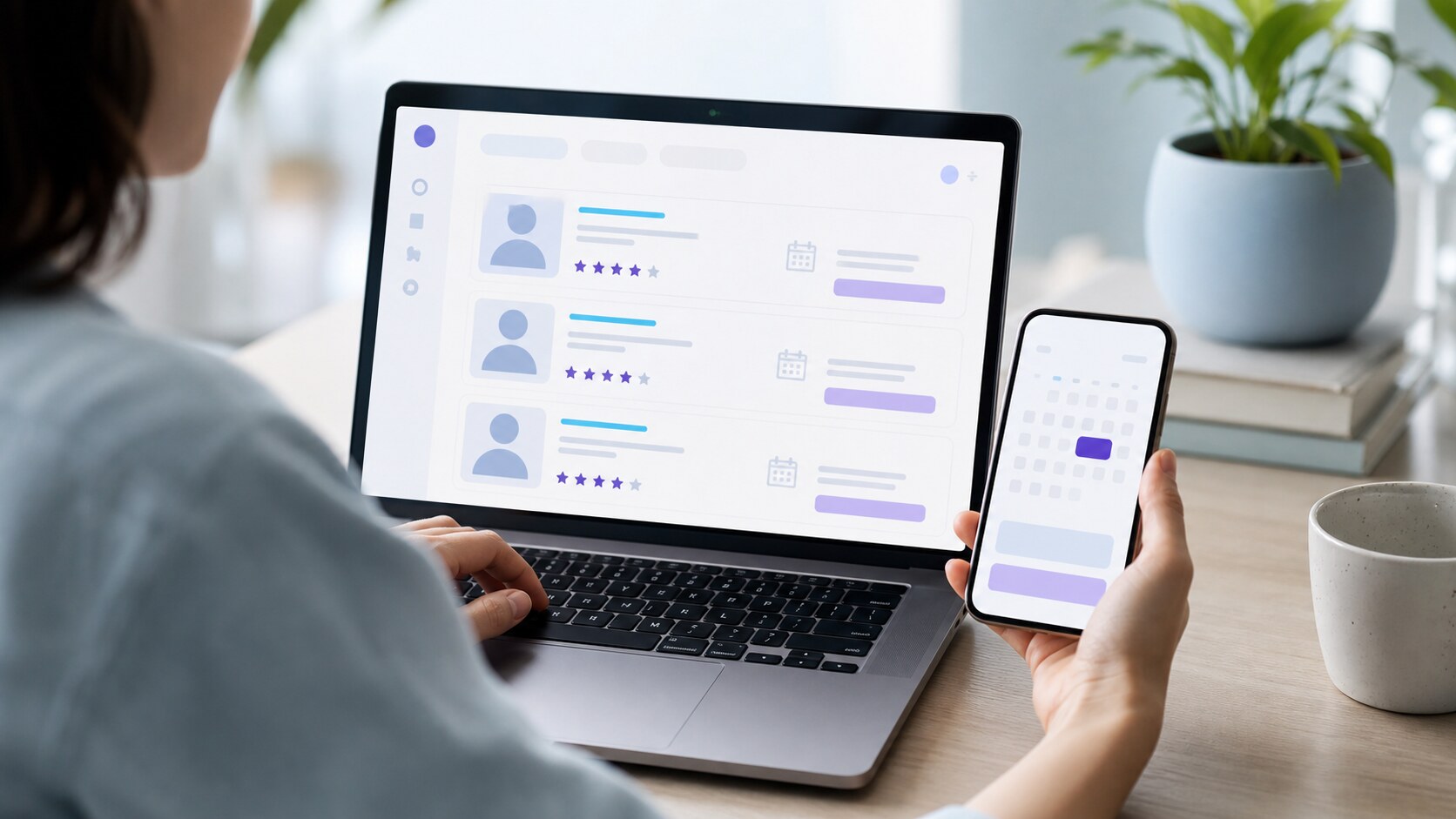 Patient comparing online doctor profiles and an available appointment on a laptop and phone.