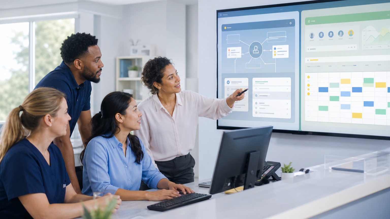 Medical practice team comparing EHR-connected workflows and appointment demand