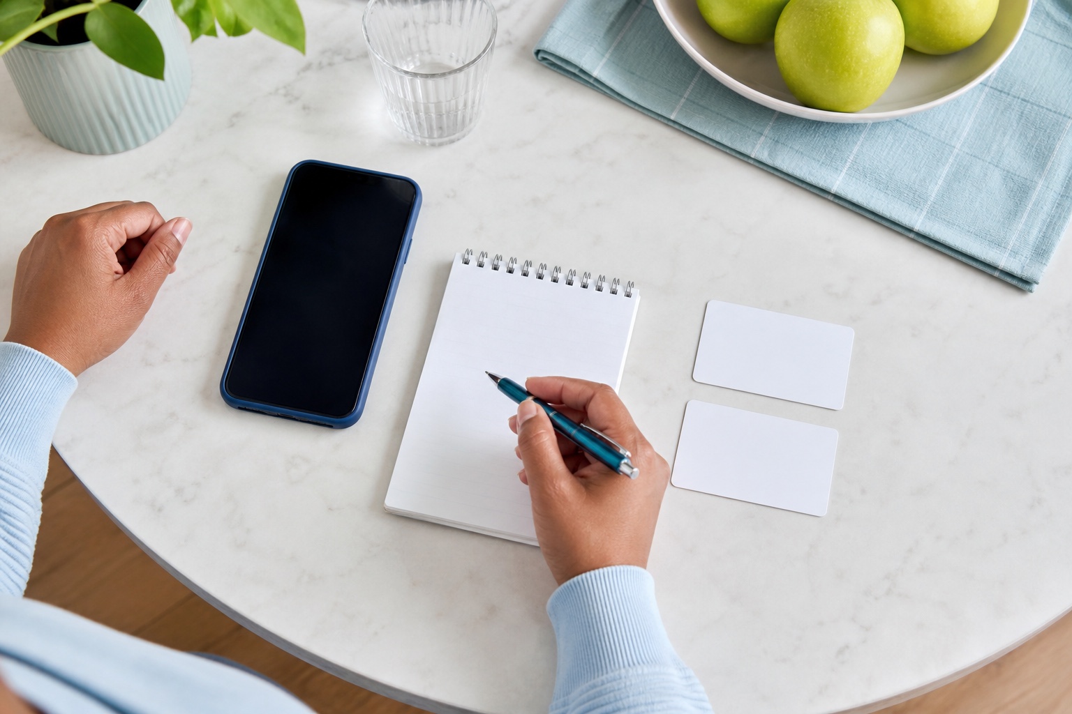 Blank insurance cards, phone, and notepad used to check which Medicaid plan covers dental care.