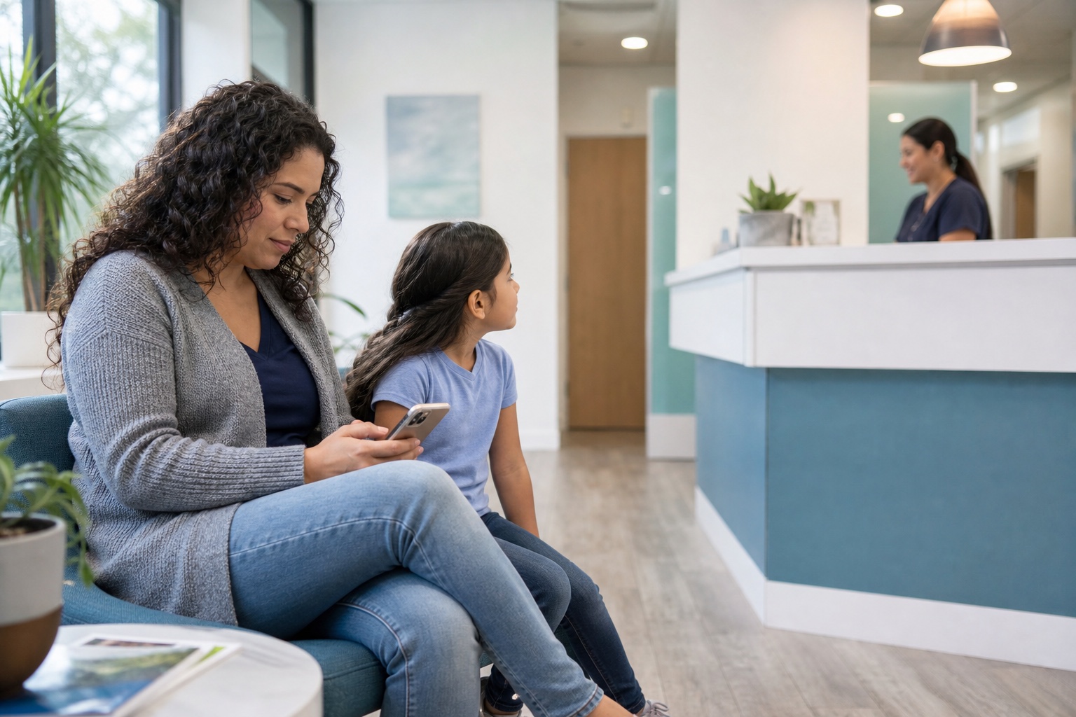 Parent and child waiting in a bright dental office reception area before a Medicaid dental appointment in New York.