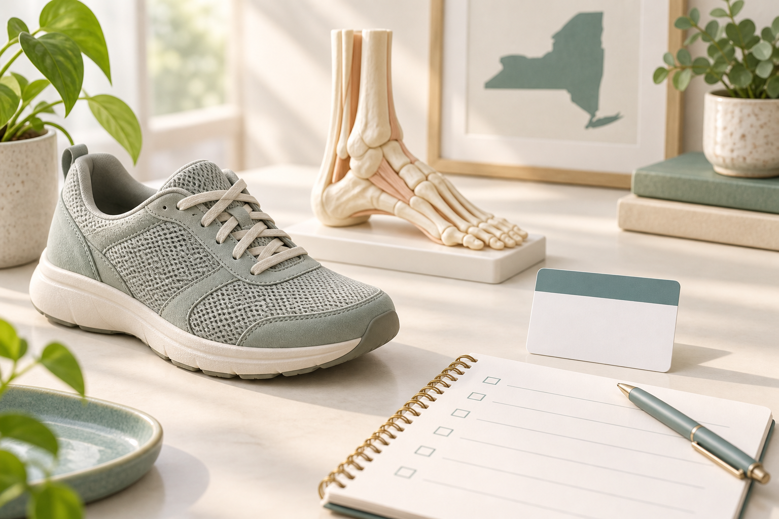Walking shoe, foot model, blank insurance card, and checklist for a podiatry appointment.