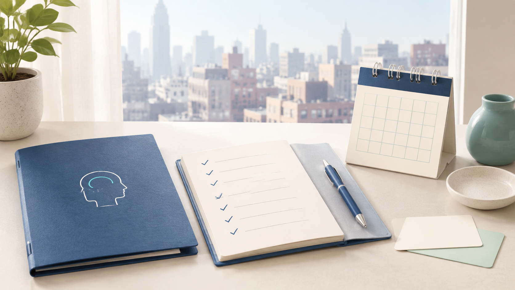 Appointment checklist, records folder, and blank cards on a desk overlooking New York.