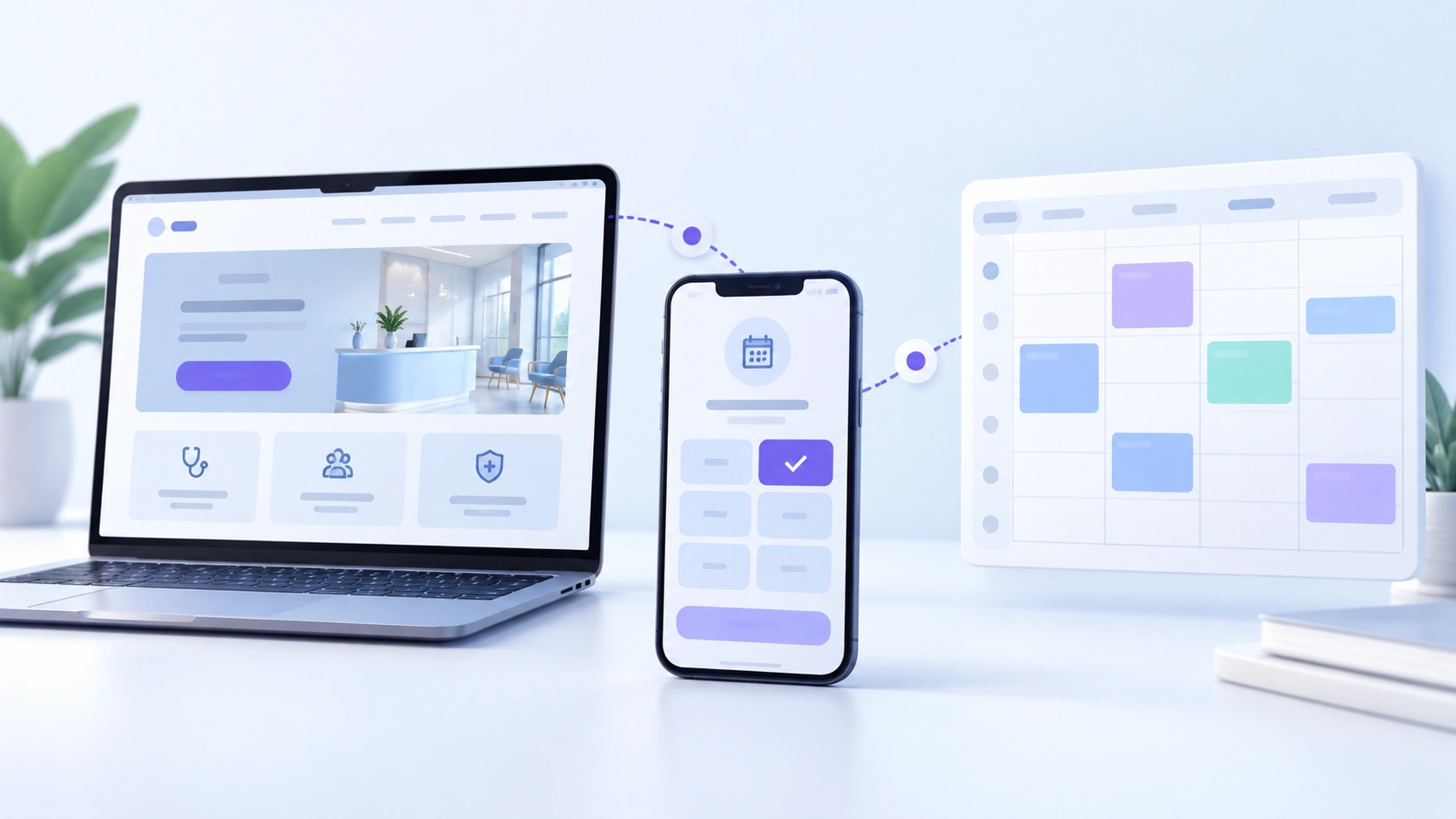 Illustration of a clinic website connected to a phone booking page and a staff calendar.