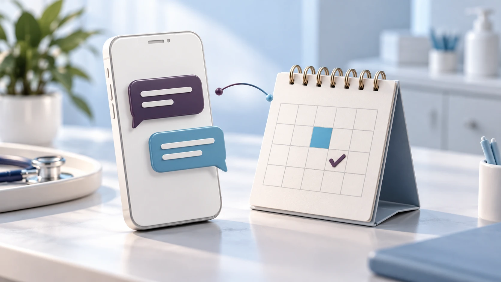 Illustration of message bubbles on a phone beside a calendar with a highlighted appointment.