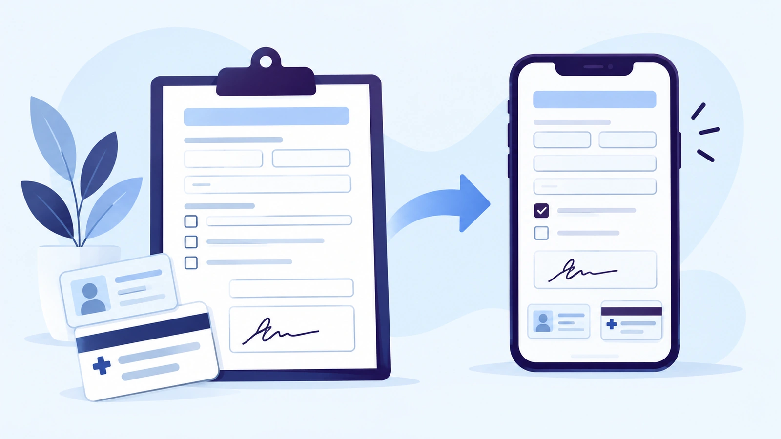 Illustration of a paper intake form turning into a digital form on a phone.