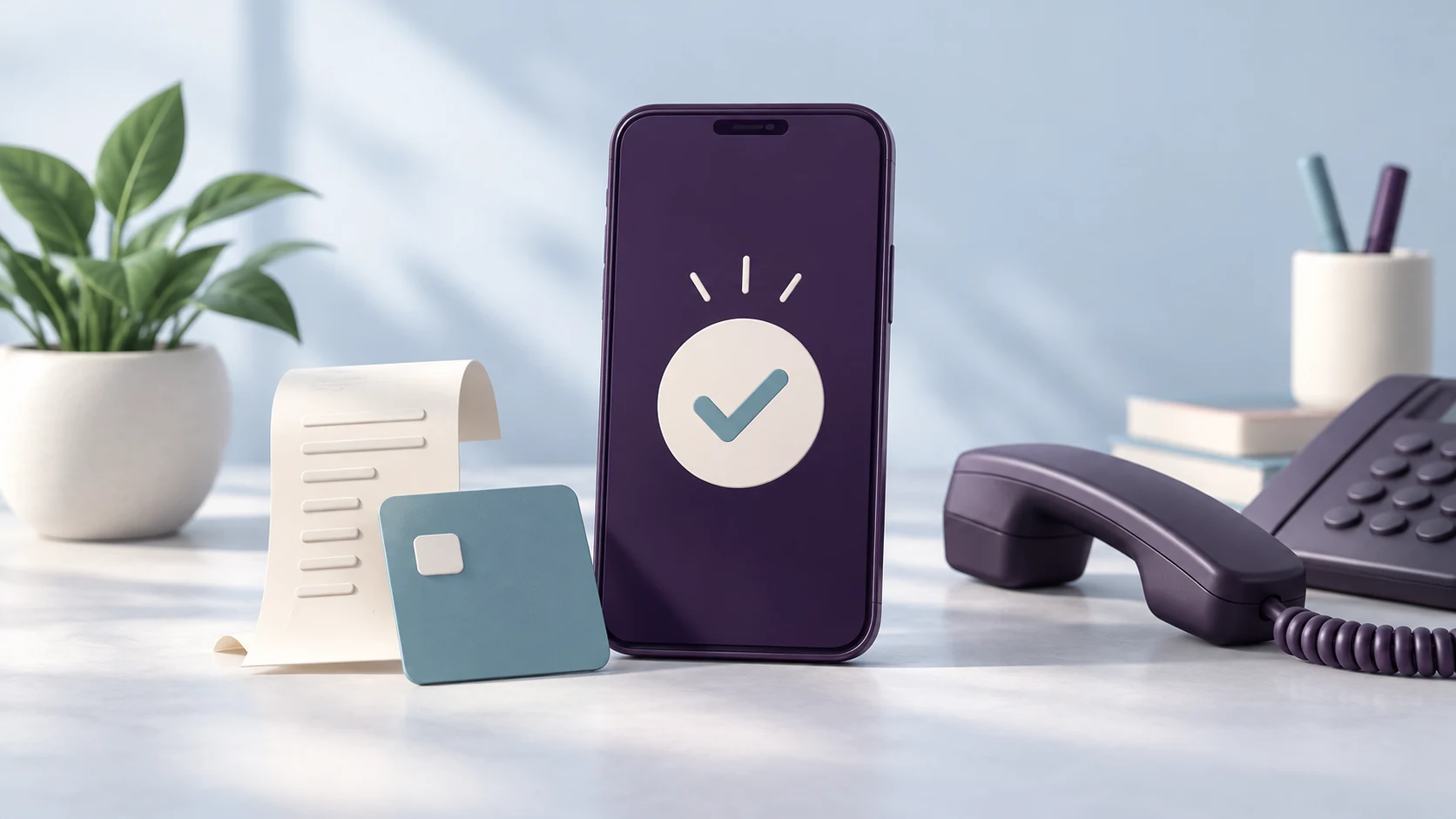Editorial illustration of a mobile payment confirmation beside a receipt and an office phone