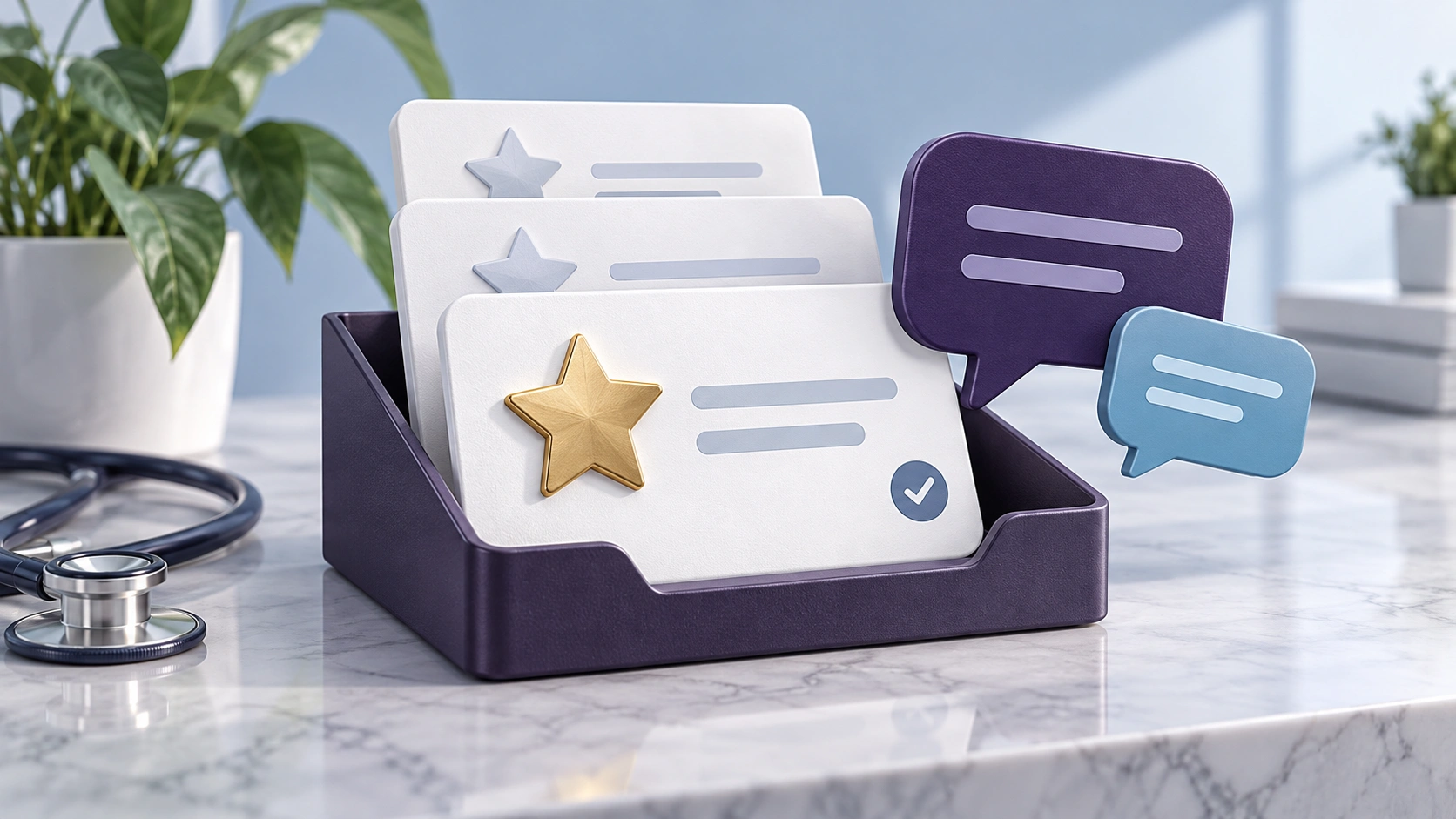 Illustration of review cards in an inbox beside speech bubbles for replies.